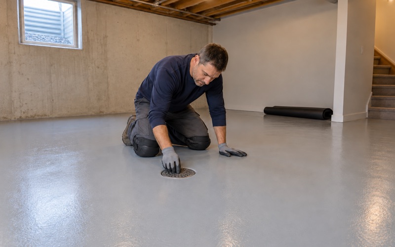 A finished light gray epoxy basement floor in Arlington Heights, coated cleanly up to the floor drain.