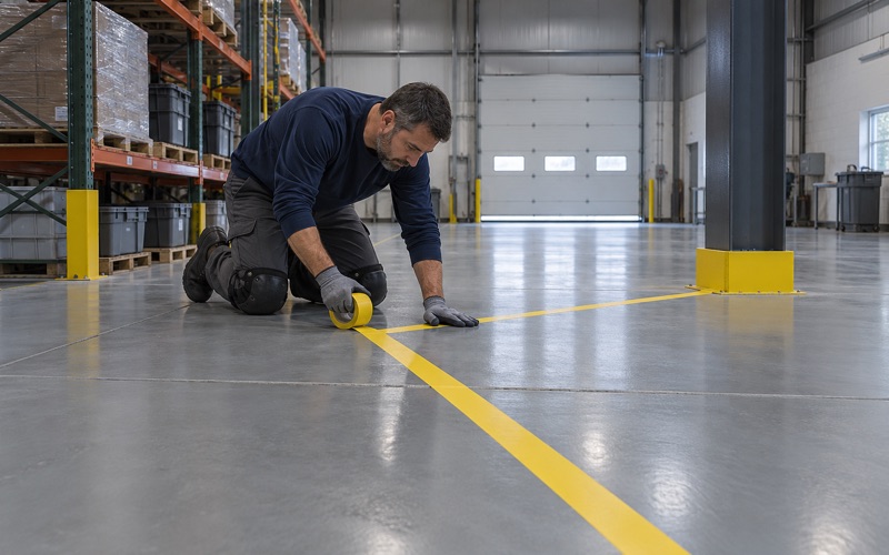 Yellow aisle striping laid on a coated light industrial floor in Arlington Heights, running to a column base.