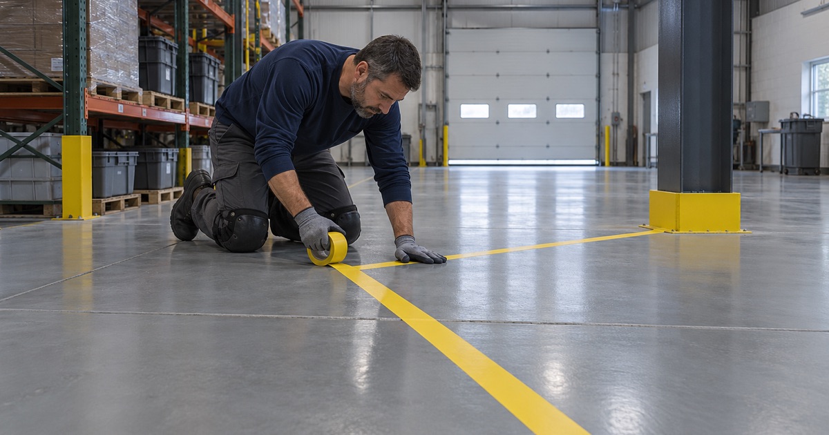 Yellow aisle striping laid on a coated light industrial floor in Arlington Heights, running to a column base.