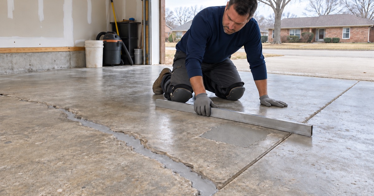 A routed and filled crack and a patched spall on an Arlington Heights garage slab, checked flush before coating.