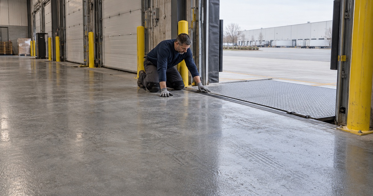 A coated cross-dock floor in Bensenville running tight to the steel edge of a dock leveler pit.