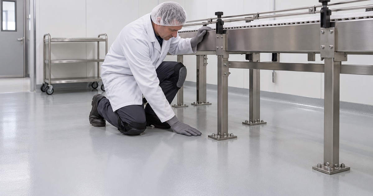 A seamless wipe-clean floor under a stainless conveyor in a Cary medical-products plant.