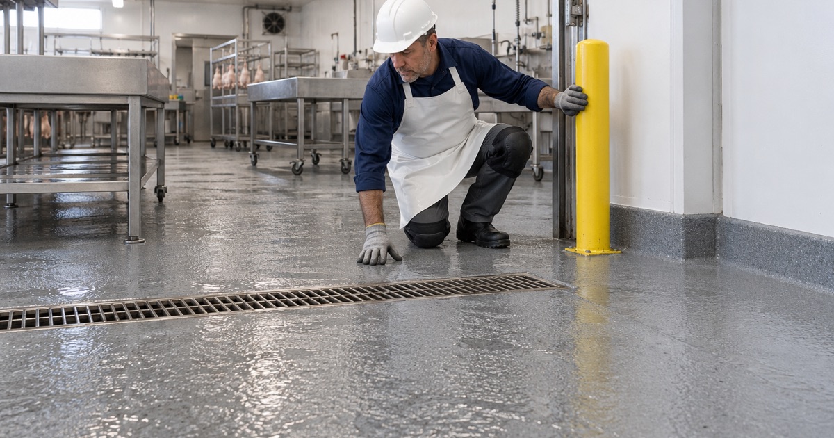 A sloped urethane cement washdown floor in a Franklin Park food plant, draining to a stainless trench drain.