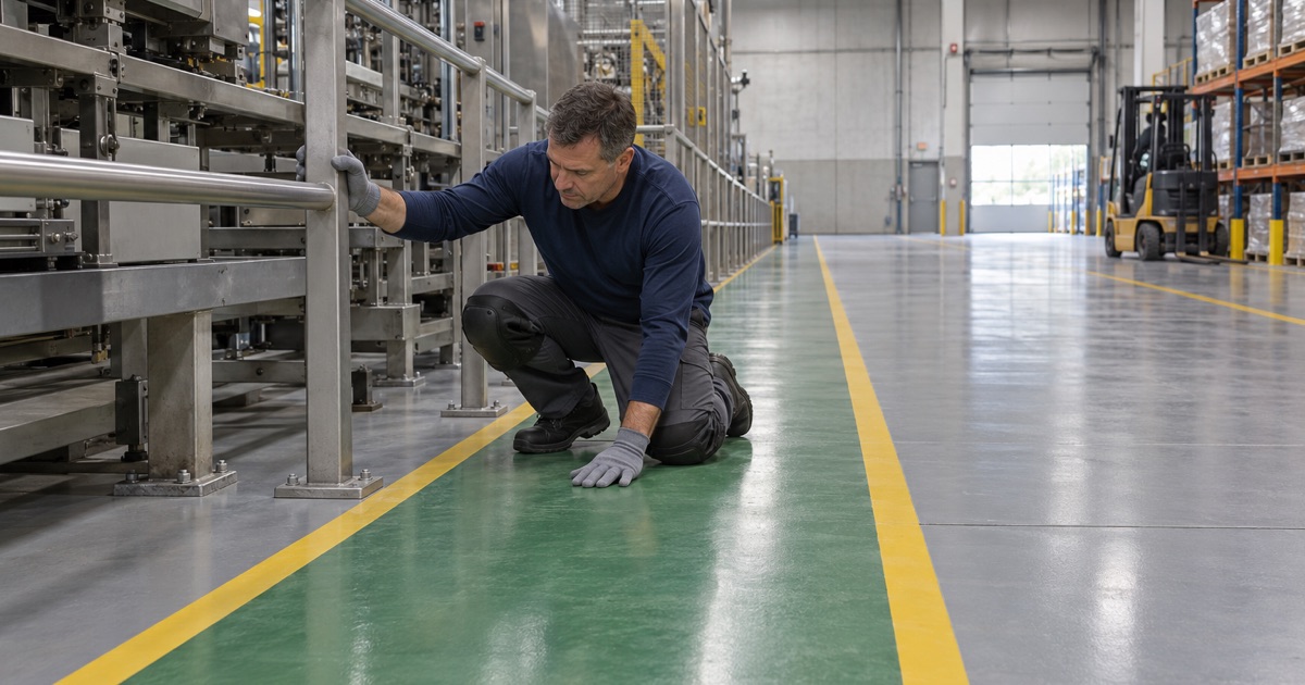 A coated plant floor in Lake Zurich with a green walkway lane between a production line and a forklift aisle.