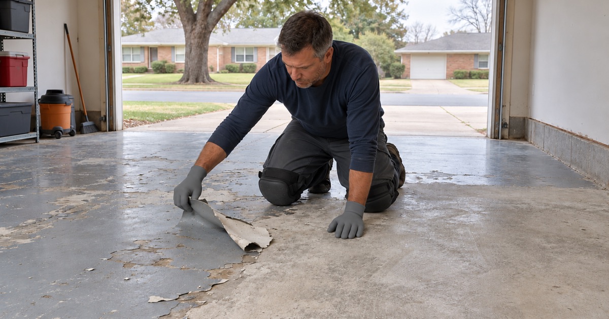 A mid-century Lincolnwood garage floor with its old paint peeled back to clean concrete
