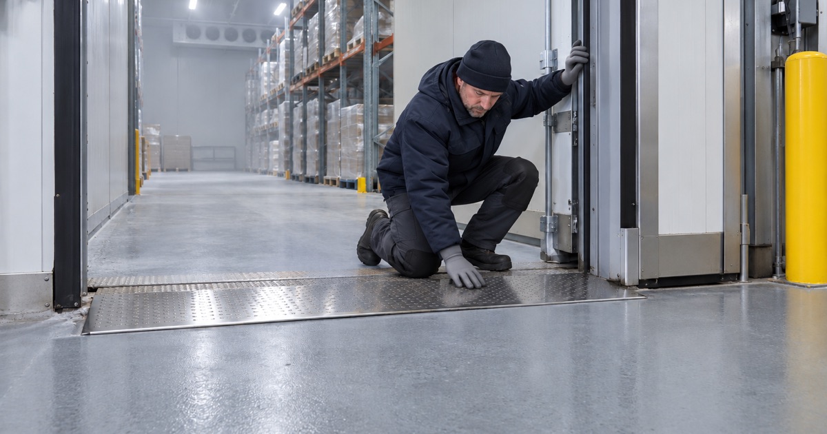 The coated threshold of a cold-storage freezer in Northlake, where the dock floor meets the freezer floor.