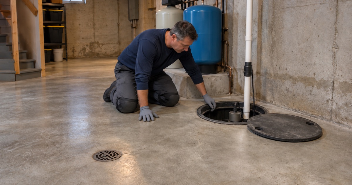 A Prospect Heights basement utility floor around the pressure tank and softener, prepared for coating