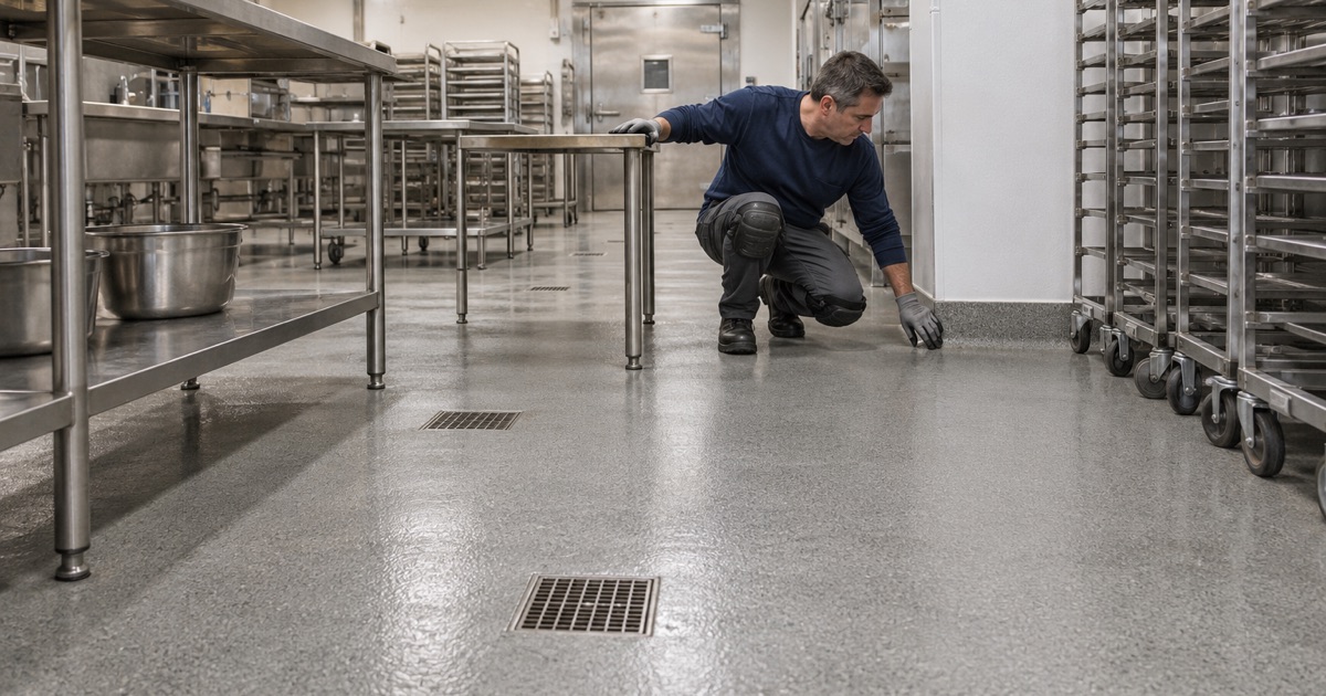 A slip-resistant urethane cement floor in a Schiller Park production kitchen, coved at the walls between stainless prep rows.
