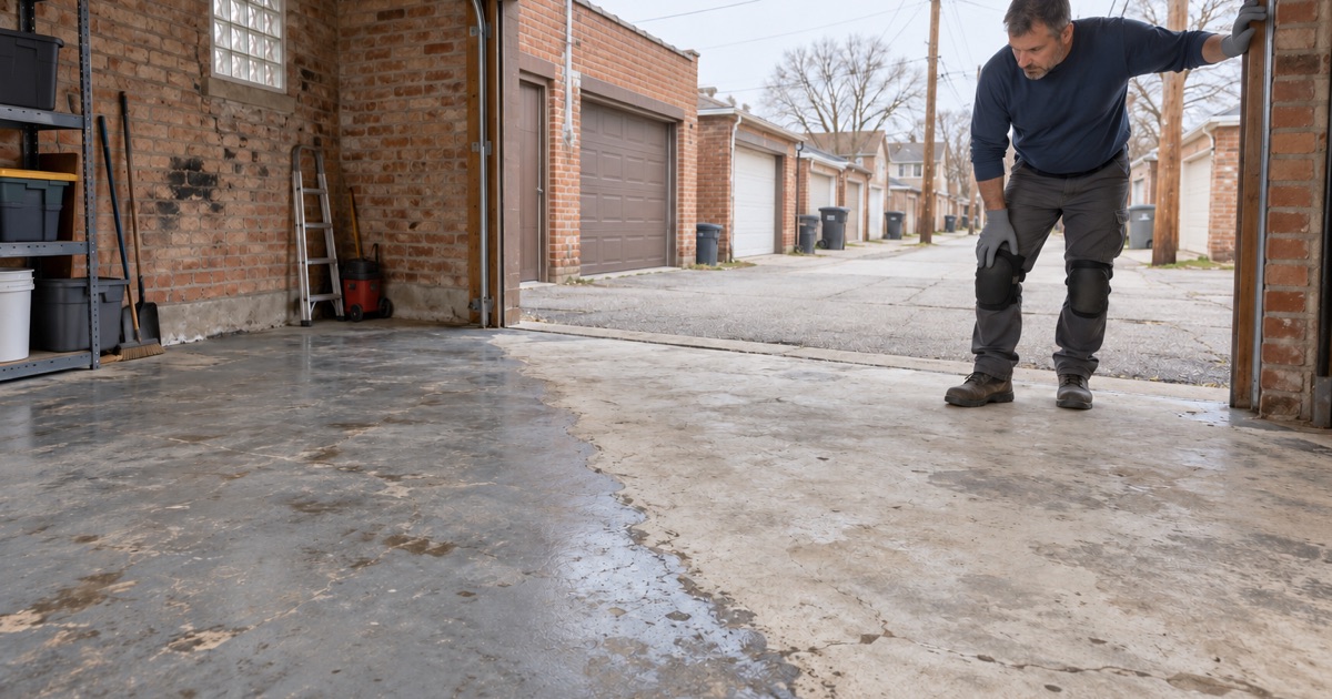 A shared garage behind a Summit two-flat, the old painted slab half ground to bare concrete