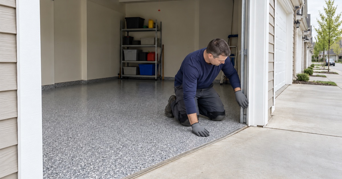 A new flake floor in one bay of a Warrenville townhome garage row