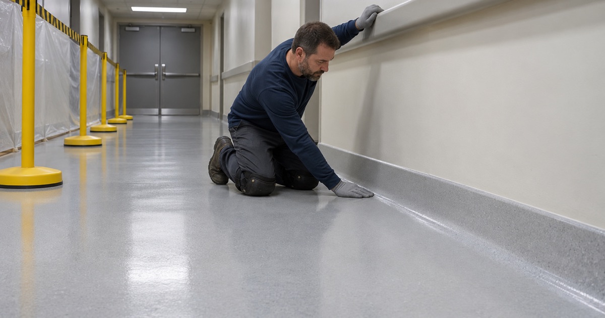 A newly coated hospital service corridor in Winfield, coved at both walls, half cordoned off overnight.