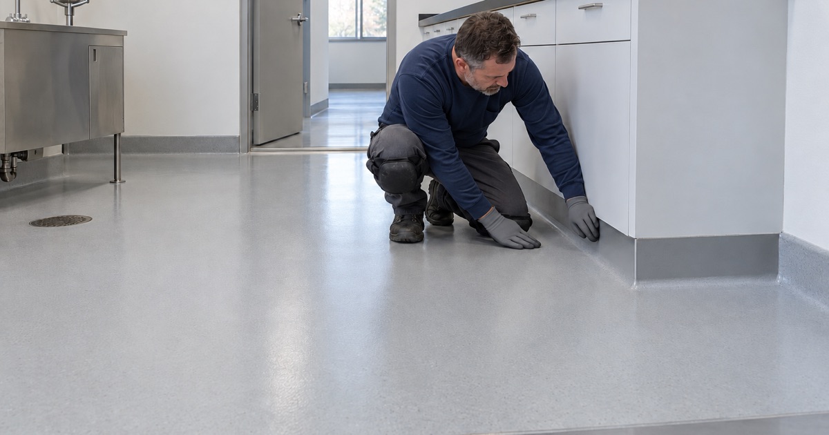 A seamless chemical-resistant floor coved under laboratory casework in a Wood Dale clinical lab.