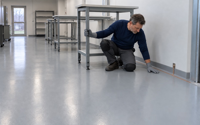 A static-dissipative gray floor under electronics assembly benches in Arlington Heights, grounded at the wall.