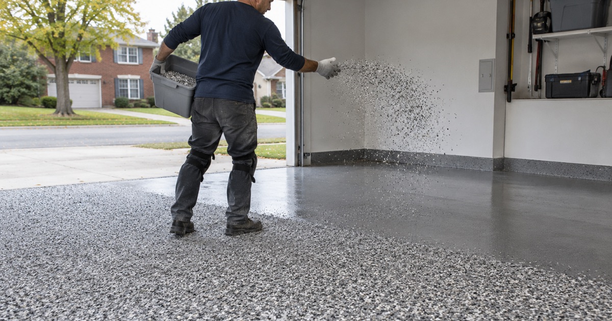 Flake broadcast in progress on an Arlington Heights garage floor, a gray, white and black arc of chip in the air.