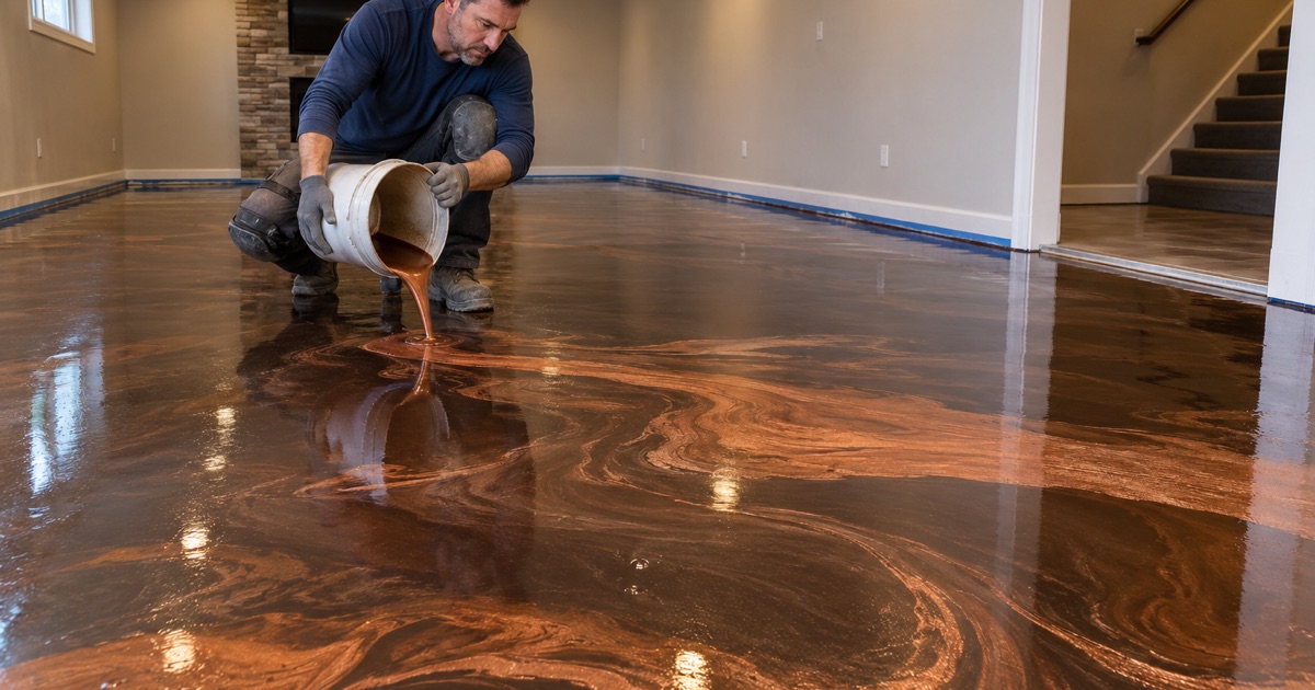 A copper and bronze metallic epoxy pour marbling across a basement family room floor in Arlington Heights.