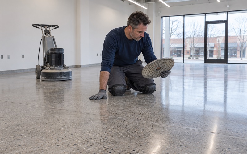 A freshly polished concrete floor with salt-and-pepper exposure in an Arlington Heights retail space before fit-out.