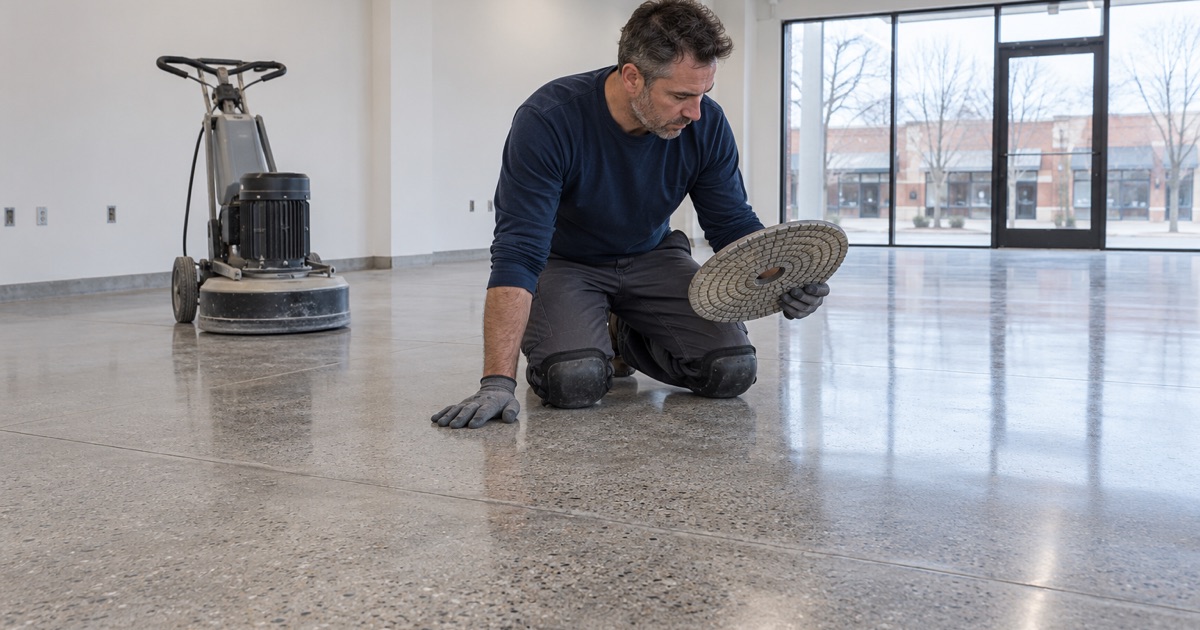A freshly polished concrete floor with salt-and-pepper exposure in an Arlington Heights retail space before fit-out.