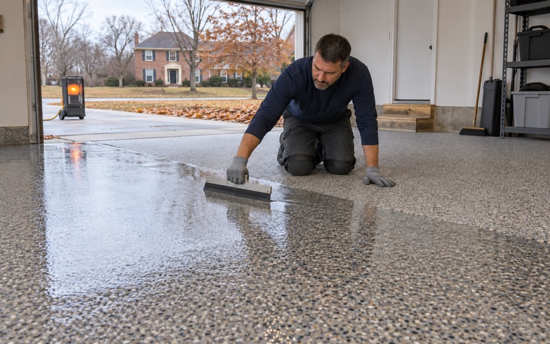 A polyaspartic topcoat pulled across a flake garage floor in Arlington Heights on a cold autumn day.